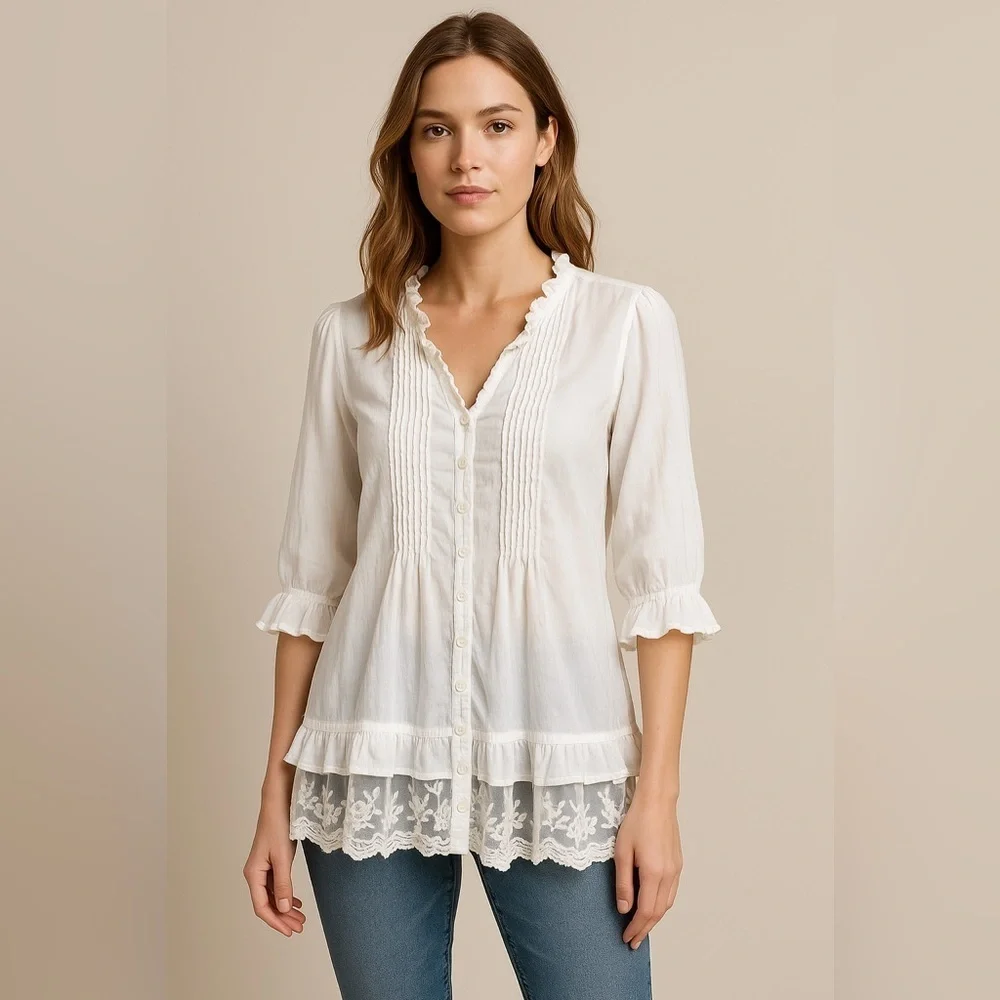 Sundance White Pintuck Lace Boho Tunic Blouse Cottagecore Top Small - Picture 2 of 10